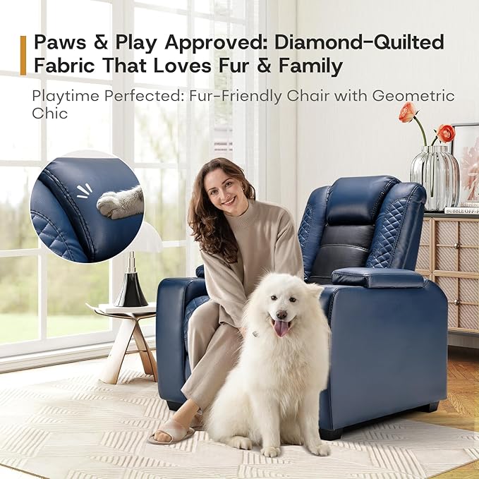 ANJ Power Home Theater Seating, PU Leather Electric Recliner Chair with Powered Headrest, Dual Motors Movie Reclining Chairs with LED Lights,USB Port, Cup Holders, Hidden Arm Storage (Blue & Black)-Ruum Studio Home