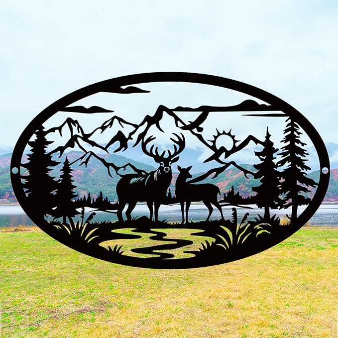 Rustic Metal Deer Cabin Sign, Christmas Gift for Living Room,Welcome Sign, Deer Outdoor Metal Wall Art, Great Gift for Hunters, Cabin Deco-Ruum Studio Home