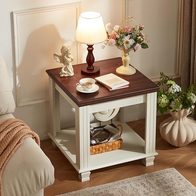 Farmhouse End Table Set of 2,Large Side Table with 2-Tier Storage Shelf,Rustic Wood End Tables for Living Room,Square Tea Table,White-Ruum Studio Home