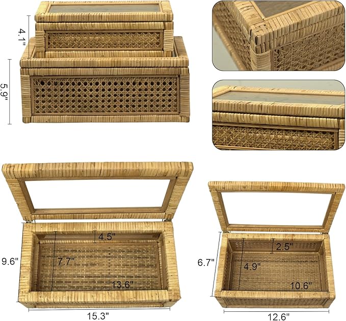 Rattan Box for Home Decor with Lid - Rectangular Coastal Bohemian Style Stackable Decorative Storage Box Set - Handmade from Natural Rattan, Cedar & Real Glass-Ruum Studio Home