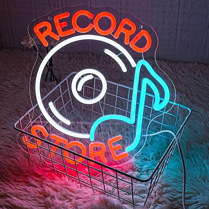 Record Store Neon Sign Music Neon Signs for Wall Decor Letter Neon Light Record Player Sign Live Music Neon Light Sign for Bar Concern Studio Decor(Red white)-Ruum Studio Home
