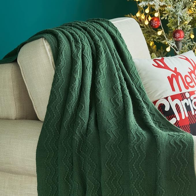 MIULEE Dark Green Knitted Throw Blanket for Couch Boho Textured Cozy Woven Blanket with Tassels for Sofa Chair Bed Living Room Acrylic Wave Pattern 50"x60"-Ruum Studio Home