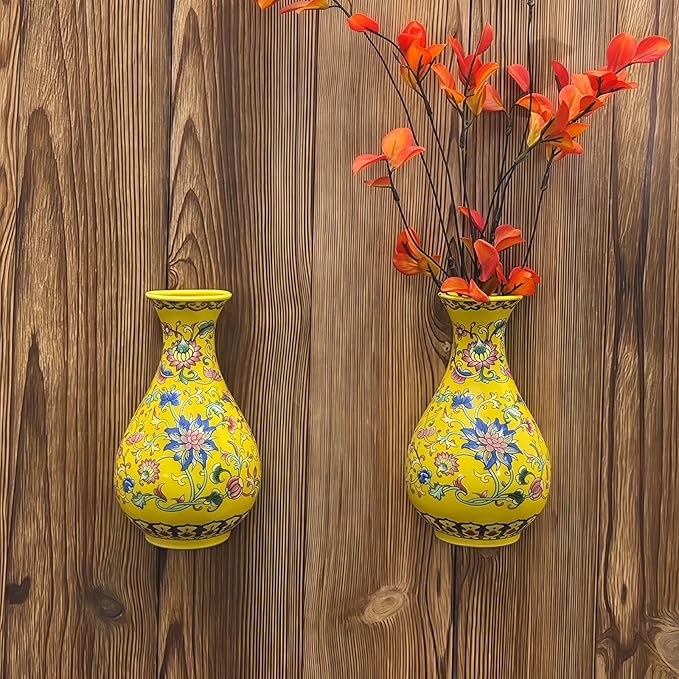 Set of Two Handmade Chinese Blue & White Porcelain Wall Mounted Vases – Chinoiserie Ceramic Flower Vase for Indoor Home Décor, Wall Hanging Vases for Living Room & Bookshelf-Ruum Studio Home