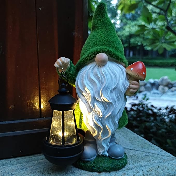 Solar Gnomes Garden Statues,Resin Gnome Figurine Holding Mushroom and Solar Lights Lantern,Outdoor Yard Art Decorations for Garden Patio Lawn-Ruum Studio Home