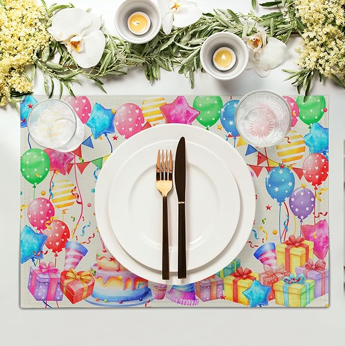 Happy Birthday Placemats Set of 4 Colorful Balloons Confetti Cake Linen Table Mats 12x18 Inch Birthday Party Place Mats for Kitchen Dining Outdoor Indoor Decorations-Ruum Studio Home