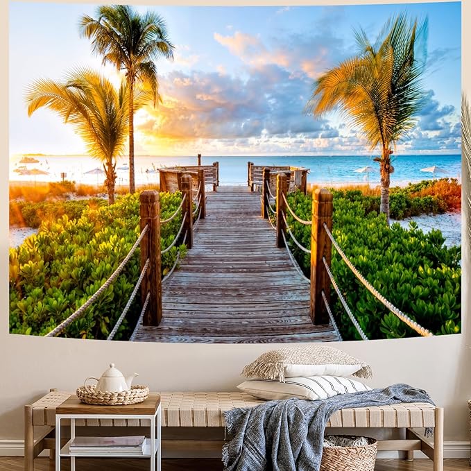 Delur Beach Sunset Tapestry Tropical Seaside Palm Tree Coastal Tapestry Wall Hanging Sunrise Nature Landscape Scenic Psychedelic Headboard for Bedroom Living Room Home Decor (51.2" x 59.1")-Ruum Studio Home