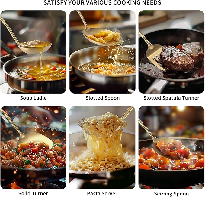304 Stainless Steel Cooking Utensil,Kitchen Kitchen Utensil with Spatula, Solid Spoon, Ladle, Skimmer, Spaghetti Spoon, 6 Piece Set, Dishwasher Safe(Gold)-Ruum Studio Home