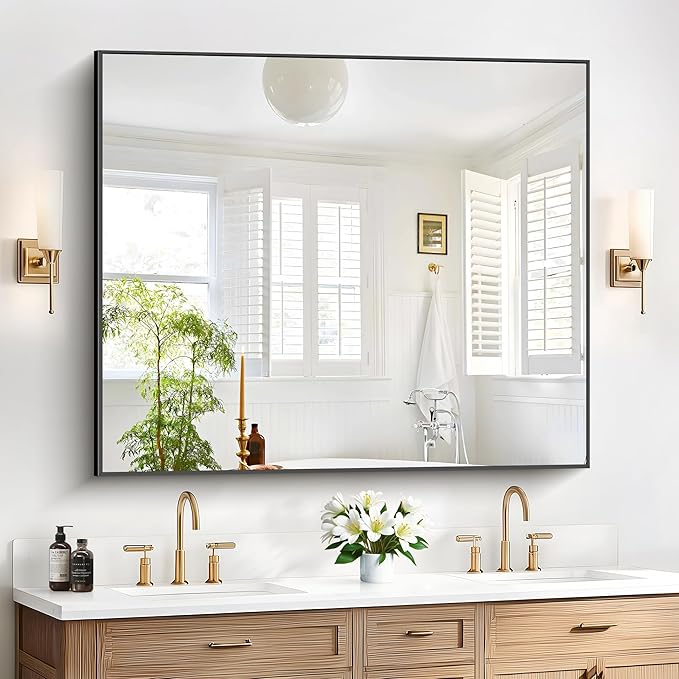 40x48inch Black Bathroom Mirror, Black Rectangle Mirror with Frame, Large Rectangular Wall Mirrors for Bathroom, Living Room, Hair Salon, Big Farmhouse Mirror Hang Horizontal/Vertical-Ruum Studio Home