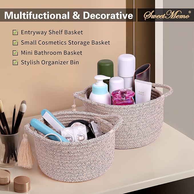 Small Soft Organizer Baskets，Decorative Mini Round Woven Rope Storage Bin Empty Gift Baskets for Man，Office, Desk Decor, Gifting, Kids, Toys, Pre Shaped, Brown, 2 Pack-Ruum Studio Home