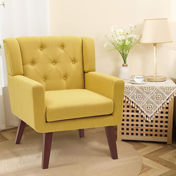 Accent Chair Button-Tufted Upholstered Living Room Chairs Comfy Reading Chair Mid Century Modern Chair with Linen Fabric Lounge Arm Chairs for Living Room Bedroom (Yellow)-Ruum Studio Home