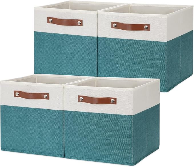 HNZIGE Fabric Storage Cube Bins Baskets for Organizing, 11 inch Cube Storage Bins, Set of 4, Collapsible Storage Bin with Handles, Closet Organizers and Storage Home Toy Nursery Bedroom(White Teal)-Ruum Studio Home