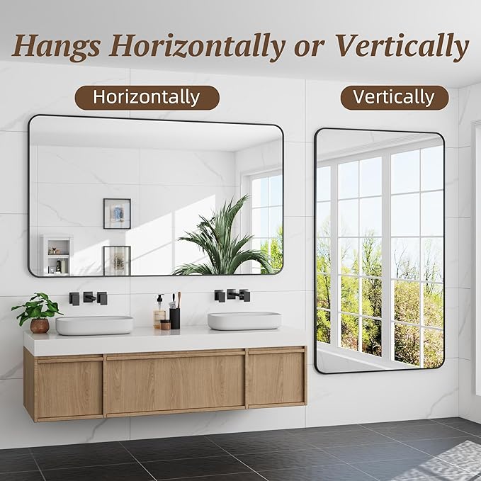 Bathroom Mirror 60" x 36", Large Rectangle Wall Mirror, Black Metal Frame Wall Mounted Mirrors for Bathroom, Vanity, Bedroom, Entryway Decor(Horizontal/Vertical)-Ruum Studio Home