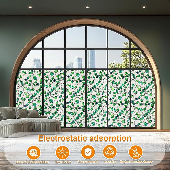 Window Privacy Film Stained Glass Decorative Static Clings Frosted Window Tint for Home Room Decor Bathroom Door Car Stickers with Glittering Effect, Removable(Blue & Green pothos Botanical)-Ruum Studio Home