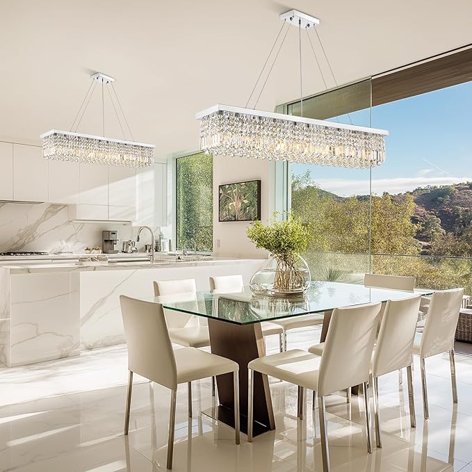 Rectangle K9 Crystal Chandelier,10 Lights Modern Rectangular Hanging Ceiling Pendant Light Fixture for Dining Room Kitchen Island,Polished Chrome Finish L47''xW10''xH10''-Ruum Studio Home