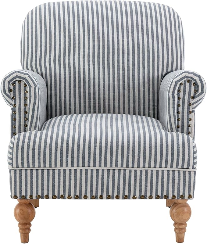 chairus Linen Accent Chair for Living Room Upholstered Mid Century Modern Single Sofa Chair with Solid Wood Legs Comfy Reading Chair Armchair for Bedroom/Office Room/Recption/Lounge, Blue Stripe-Ruum Studio Home
