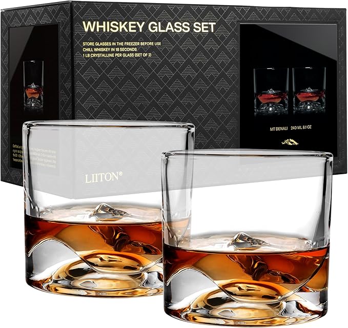 Denali Mountain Heavy Crystal Whiskey Glasses Gift Set of 2, Thick Freezable Bourbon Glass 1lb Each, Premium Whiskey Gifts for Men, Frozen Crystal Chills Cocktails, 10 oz-Ruum Studio Home