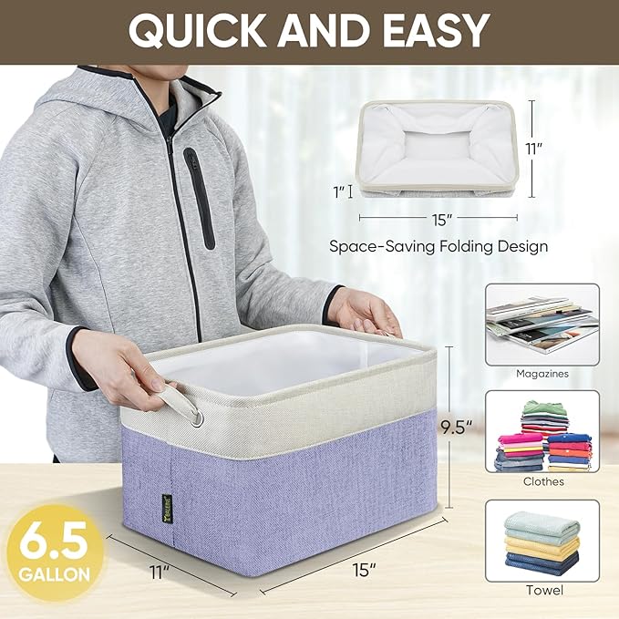 BALEINE 1 Pack Fabric Storage Bins for Shelves, Linen Storage Baskets for Organizing, Decorative Closet Bins for Clothes, Home (Lavender, 15''x11''x9.5'')-Ruum Studio Home