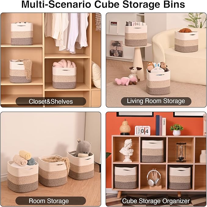 11 Inch Cube Storage Bins, Storage Cube Organizer Bins, Woven Cotton Rope Baskets for Storage, Storage Basket for Organizing Shelves, Square Baskets for Toys, Gradient Brown (Pack of 3)-Ruum Studio Home