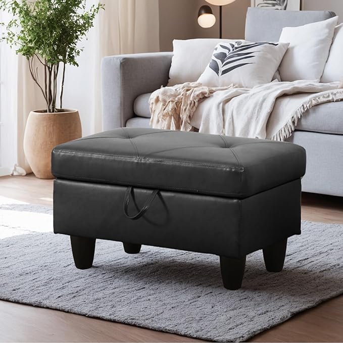 Ottoman Rectangular Storage Ottoman Bench, Faux Leather Footrest, Coffee Table, Stool Footstool with Hinged Lid for Living Room, Bedroom, Entryway, Black, 28.5"x19"x17.5"-Ruum Studio Home