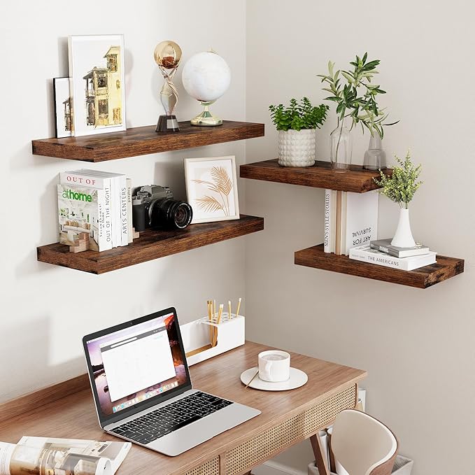 Fun Memories 32 Inch Floating Shelves, Farmhouse Wood Floating Shelf Set of 2, 32 x 9 Floating Shelf Wall Mounted, Deep Storage Display Shelves for Kitchen, Bedroom, Living Room, Rustic Brown Color-Ruum Studio Home