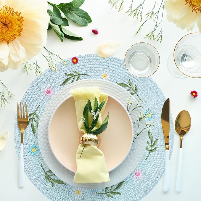 Whaline 4Pcs Round Daisy Placemats Spring Flower Embroidered Place Mats Greenery Floral Dinner Table Mats for Home Holiday Wedding Bridal Baby Shower Birthday Party Decor-Ruum Studio Home