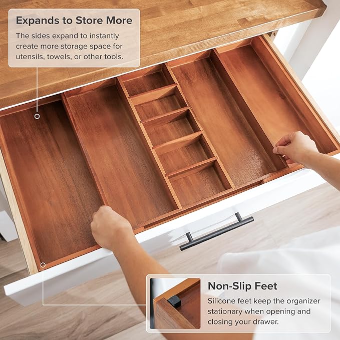 Adjustable Kitchen Drawer Organizer for Utensils and Junk, Food-Safe Contract Grade with 100% Sustainable Wood, Non-Slip, Expandable from 18.5 to 33 Inches Wide - Natural Acacia-Ruum Studio Home