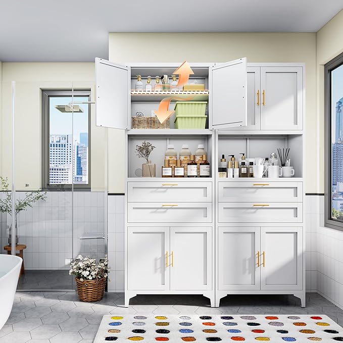 75” Tall Kitchen Pantry Storage Cabinet, Metal Bathroom Storage Cabinet with 2 Drawers and Adjustable Shelves, Kitchen Pantry Cupboard, Freestanding Cupboard for Bathroom, Living Room (White)-Ruum Studio Home