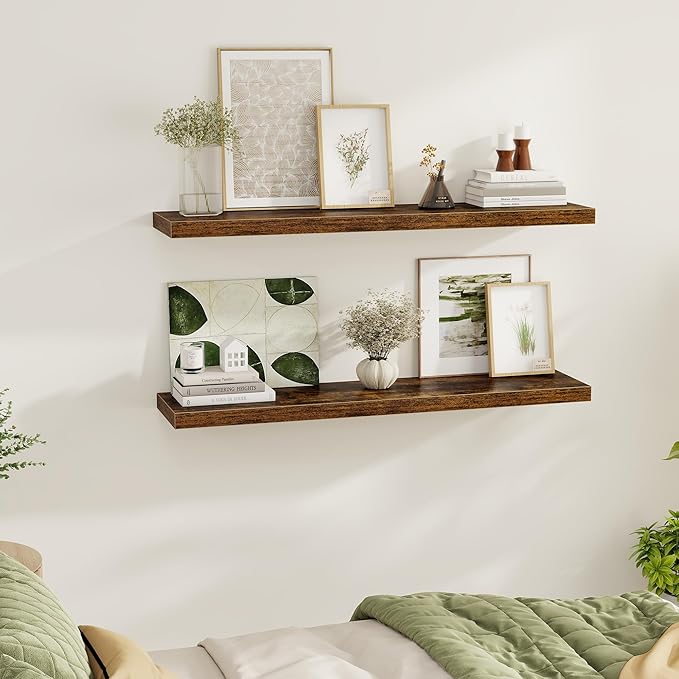 Floating Shelves Wall Shelf 48 Inch, 9.3 Inch Deep Floating Shelf, Farmhouse Black Wood Shelves Invisible Bracket for Living Room, Bedroom, Kitchen, 48 x 9.3 x 1.4 Inch, Set of 2, Rustic Brown-Ruum Studio Home