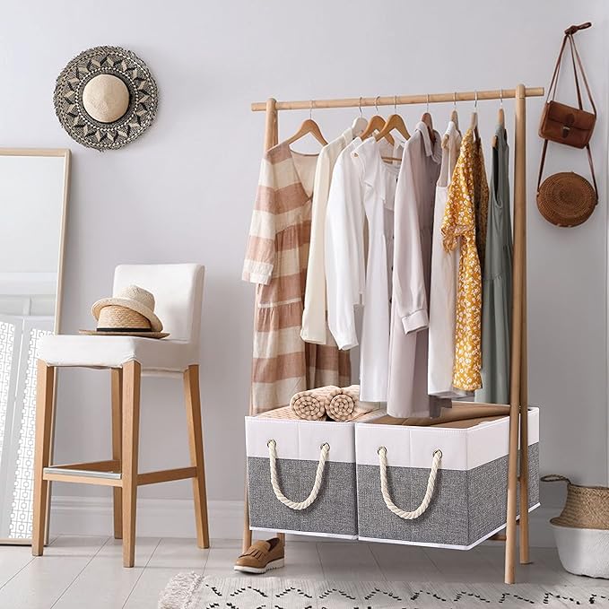Yawinhe Foldable Storage Basket 3-Pack, Large Fabric Bins with Rope Handle, Used for Organizing Shelves, Closets, Clothes, 12.99''Lx9.05''Wx7.87''H, White/Grey-Ruum Studio Home