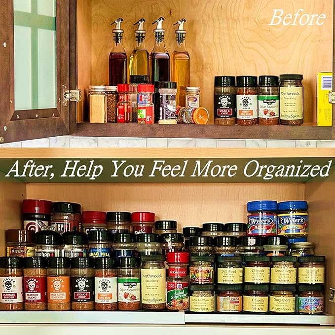 3 Tier Expandable Spice Rack Organizer, Plastic Spice Rack, Adjustable Length 14.6In-25.8In, Non-Skid Tiered Spice Shelf Organizer for Kitchen Cabinet, Cupboard, Pantry, White/Grey-Ruum Studio Home
