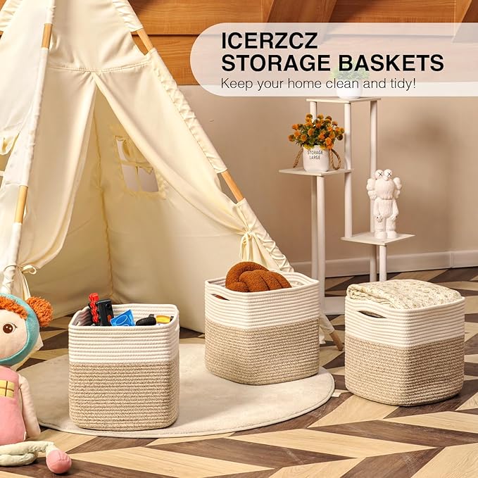 11 Inch Cube Storage Bins, Organizer Woven Cotton Rope Square Baskets for Organizing Shelves, Toys, Nursery, Off White & Brown (Pack of 3)-Ruum Studio Home