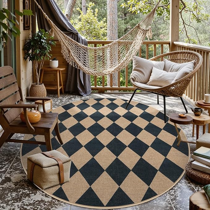 Lahome Checkered Round Rugs 6ft, Washable Easy Jute Circle Patio Rug Indoor Outdoor Rugs for Living Room, Farmhouse Natural Round Area Rug Contemporary Carpet for Entryway Backyard-Ruum Studio Home
