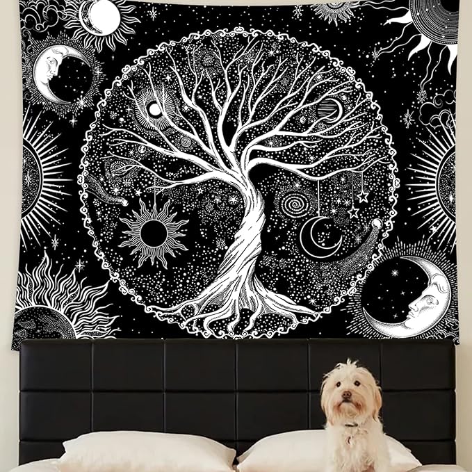 AACKart Tree of Life Tapestry for Bedroom Aesthetic Room Decor-Black and White Spiritual Tree Tapestry Wall Hanging with Sun Moon Star 78.7×59.1 inches-Ruum Studio Home