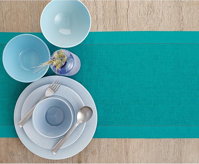 Solino Home Linen Table Runner 60 Inches - 100% Pure Linen Teal Hemstitch Table Runner 14 x 60 Inch Ideal for Dresser and Coffee Tables - Fall, Autumn, Thanksgiving - Classic Hemstitch-Ruum Studio Home
