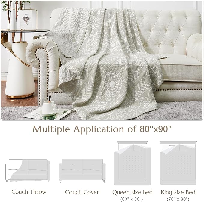 JINCHAN Boho 100% Cotton Muslin Blanket 3-Layer Queen Size 80x90 Inches Geometric Light Grey Lightweight Reversible Soft Comfy Throw for Couch Sofa Bed Coverlet Quilt Large Blanket Bedroom All Seasons-Ruum Studio Home