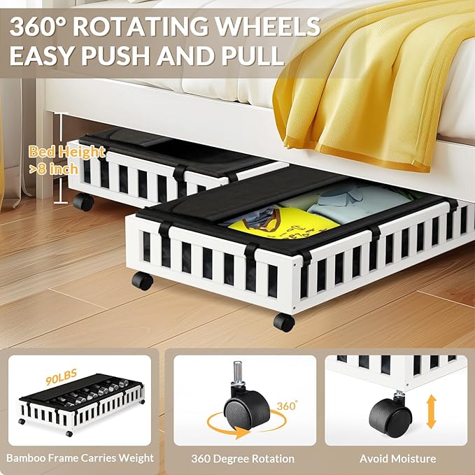 2 Pack Bamboo Under Bed Storage with Wheels, 39”x20”x7.8” Lager Under Bed Storage Containers (White)-Ruum Studio Home