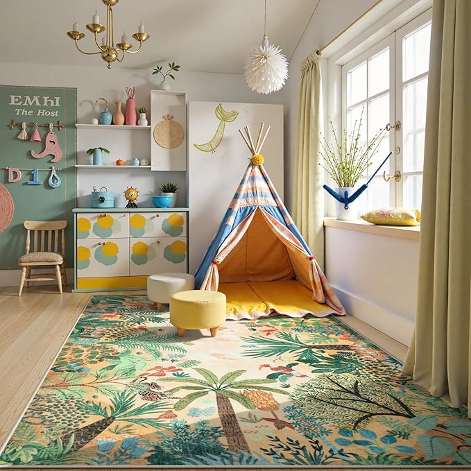 LIVEBOX Boho Jungle Animal Print 5 x 7 Area Rugs for Living Room, Soft Yellow Rug for Bedroom, Non-Slip Machine Washable Rugs for Dining Room Office, Kids Rugs for Playroom Sun Rug for Nursery Room-Ruum Studio Home