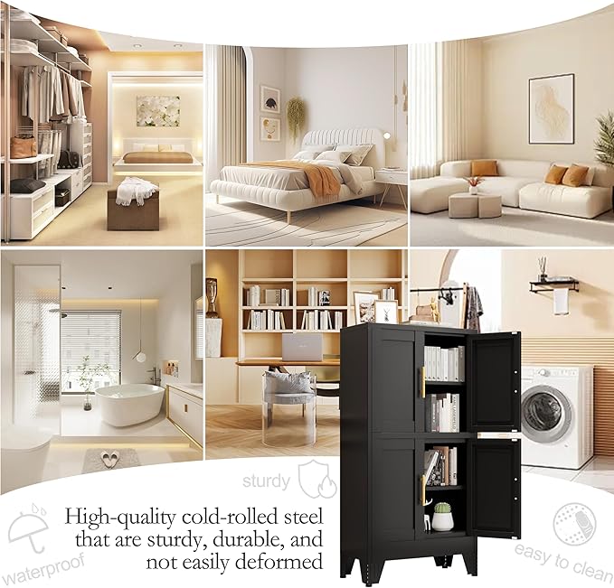 47.25" Metal Storage Cabinet, Black Kitchen Food Storage with 4 Door and 2 Adjustable Shelves, Freestanding Bathroom Cabinet, Pantry for Kitchen Dinning Room, Cupboard-Ruum Studio Home