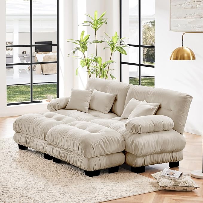 Loveseat Modular Sectional Sofa, U Shaped Couch with Ottoman, Cloud Couch Sectional Couch Home Sofa Living Room Oversized Couch Deep Seat Couch with Round Bolster Armrests 4 Pillows-Ruum Studio Home