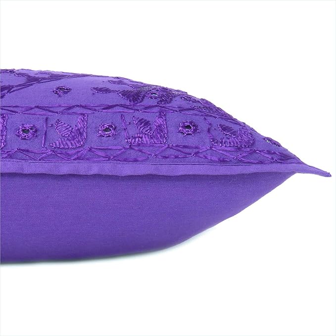 Eyes of India Embroidered Decorative Boho Throw Pillow Cover with Mirrors, Handmade Bohemian Accent Cushion Case for Sofa Couch Bedroom Living Room (Purple, 24" x 24")-Ruum Studio Home