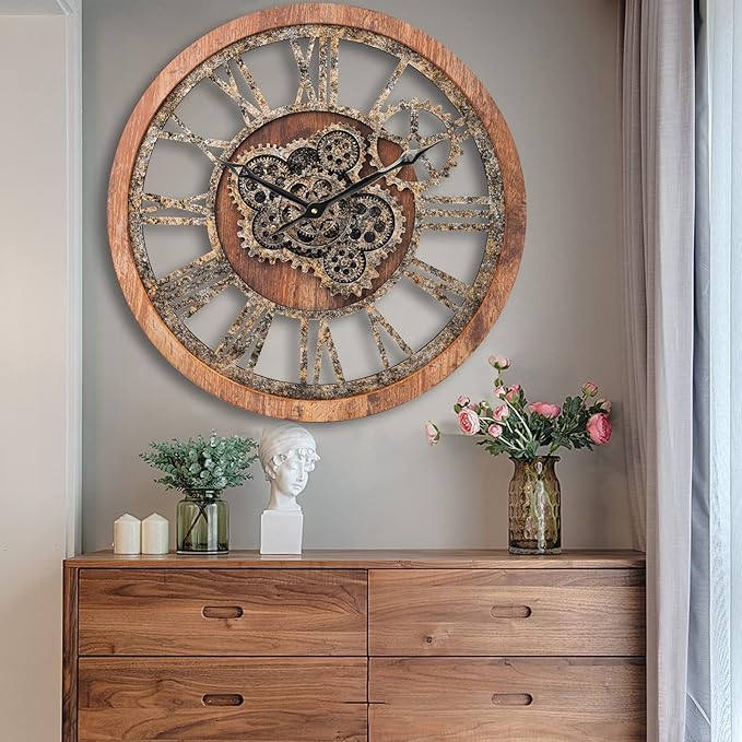 HOIBAI Large Wall Clock, Wall Clocks for Living Room Decor 20 Inch Farmhouse Vintage Rustic Kitchen Wall Decor Vintage Roman Oversized Wall Clock for Home Bedroom House, Moving Gears Clock-Ruum Studio Home
