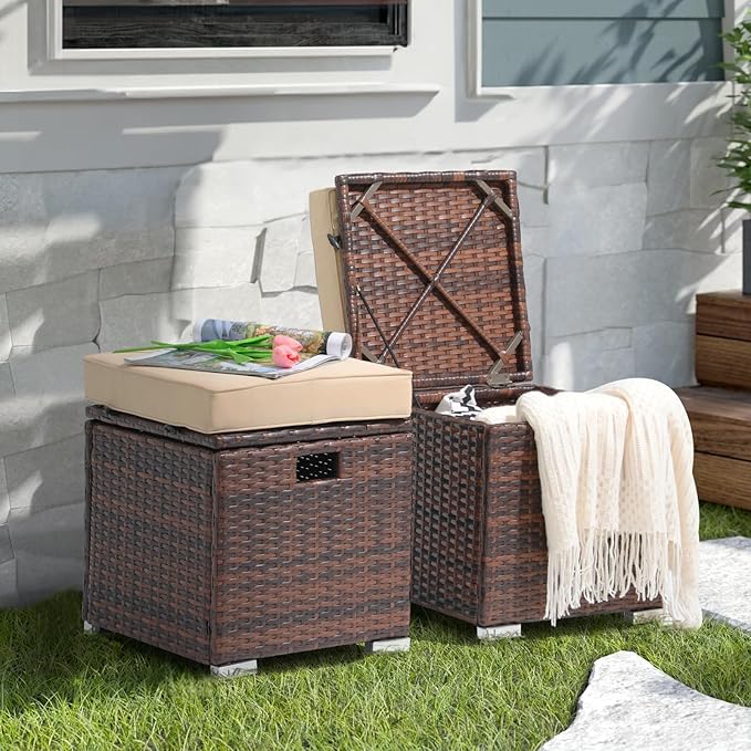 Patiorama 2 Piece Outdoor Patio Ottomans, All-Weather Brown PE Rattan Wicker Ottoman with Storage, Outdoor Footrest Footstool Seat w/Thick Cushion, Built-in Handle for Backyard Poolside Porch (Beige)-Ruum Studio Home