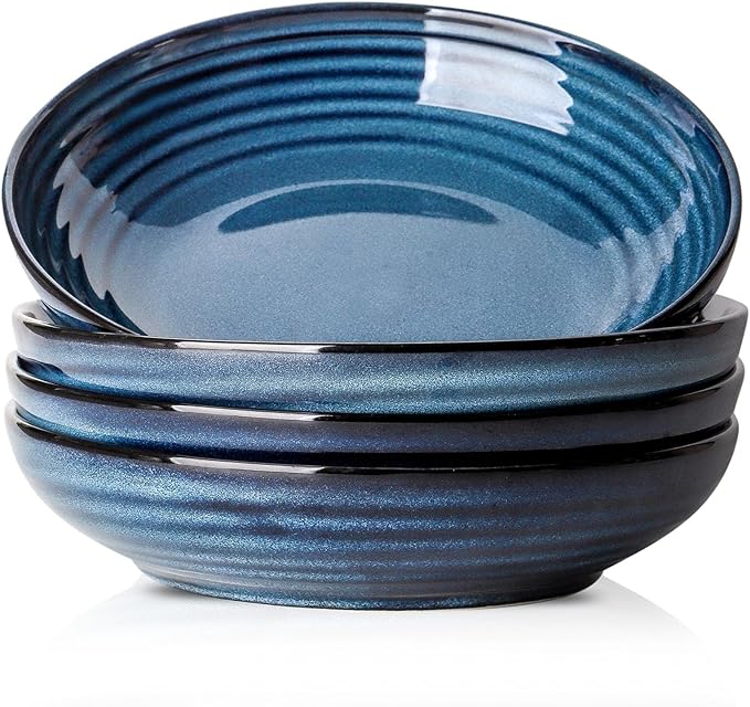 Pasta Bowls 32 OZ,Ceramic Salad Serving Bowls Set of 4,Large 8.7 inch Shallow Bowls Plates for Soup,Fruit,Noodle,Dinner,Dishwasher & Microwave Safe,Navy Blue-Ruum Studio Home