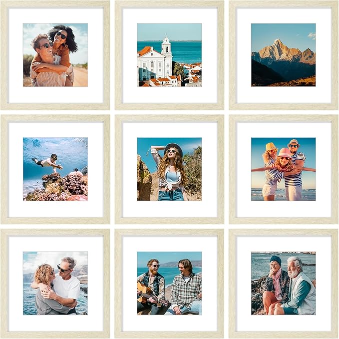 Vittanly 12x12 Picture Frames Set of 9, Shatter Resistant Plexiglass, Display 8x8 Pictures with Mat or 12x12 without Mat, Photo Frames for Wall Mount, Engineered Wood, Cornsilk-Ruum Studio Home