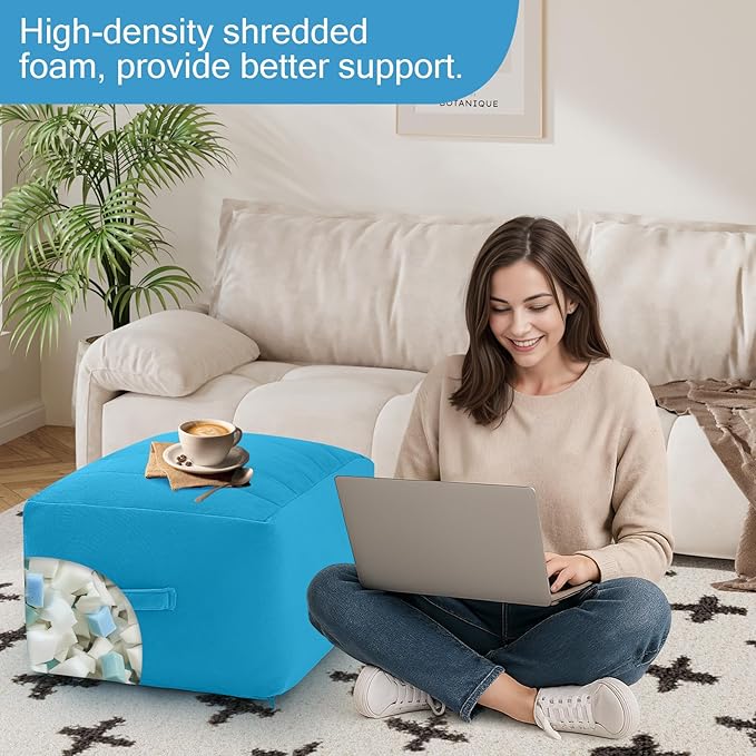 MeMoreCool Square Stuffed Pouf Ottoman Foot Rest, Floor Pouf Foot Stool with Foam Chunk Filling, Soft Stuffed Ottoman Footrest for Living Room, Blue-Ruum Studio Home
