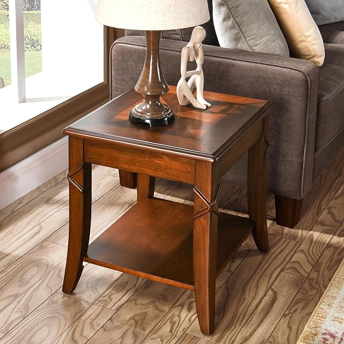Solid Wood End Table with Storage Shelf, Vintage Rectangle Sofa Side Table with Splicing Tabletop and Carved Leg, BesideTelephone Table Cherry Brown,19.7 * 17.7 * 19.7in CJZ-DR200-Ruum Studio Home
