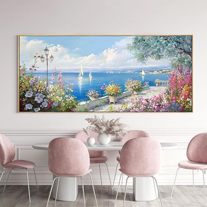 XLSJERST Extra Large Coastal Wall Art - Ocean Seascape Canvas Yellow Green Flowers Painting Landscape Sailboat Picture Artwork Modern Large Framed for Living Room Bedroom Home Office Decor-Ruum Studio Home