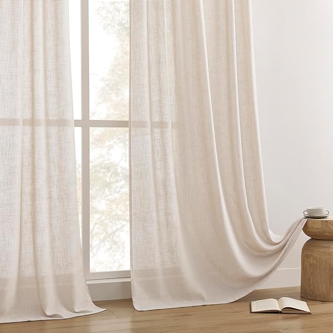 Joydeco Linen Curtains for Living Room,Semi Sheer Drapes Window Long Curtains 84 inches Long Pink Beige-Ruum Studio Home