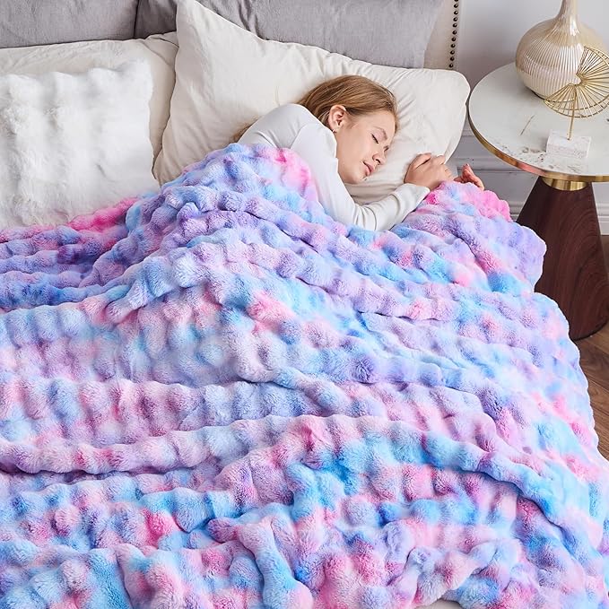 NEWCOSPLAY Faux Fur Twin Blanket Purple Rainbow Luxury Fluffy Thick Warm Bubble Blanket for Couch Sofa Bed 700GSM (Purple Rainbow, Twin(60"x80"))-Ruum Studio Home