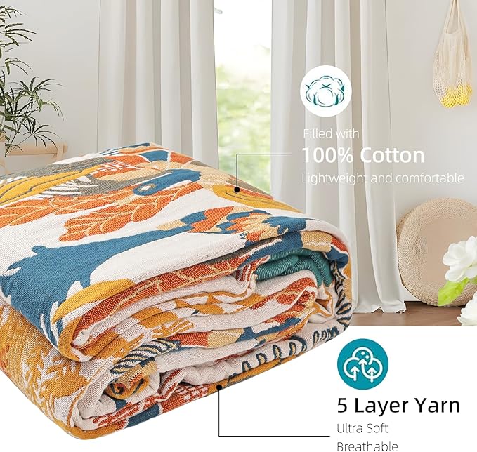 Boho Throw Blanket for Bed - 100% Pure Cotton Ultra Soft Rustic Quilt - Farmhouse Decor Bed Blankets, All Season Rustic Throw for Sofa Couch Chair(60"×80", Floral Bird)-Ruum Studio Home